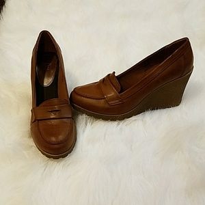 Brown penny loafer wedges